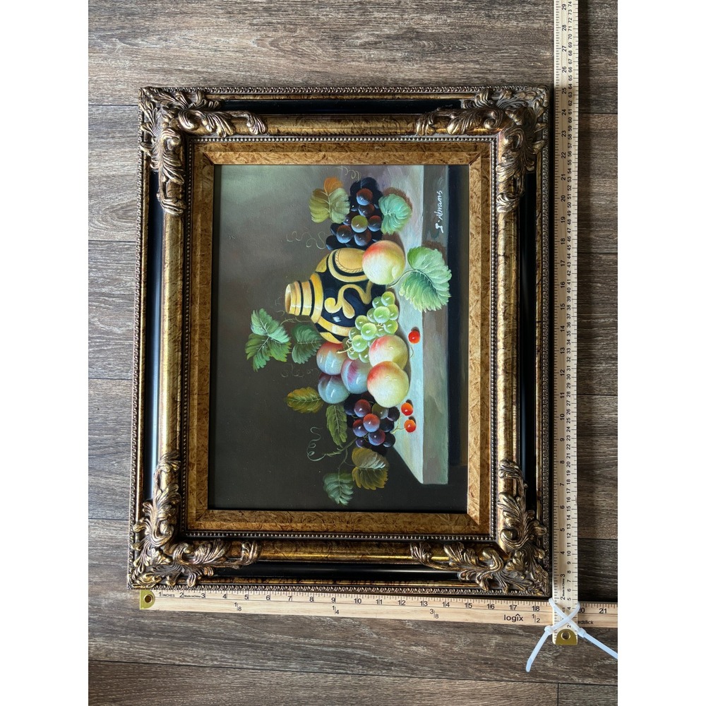 J Abrams Signed Still Life Oil Painting Ornate Gold Wood Frame Fruit Grapes - Picture 8 of 8